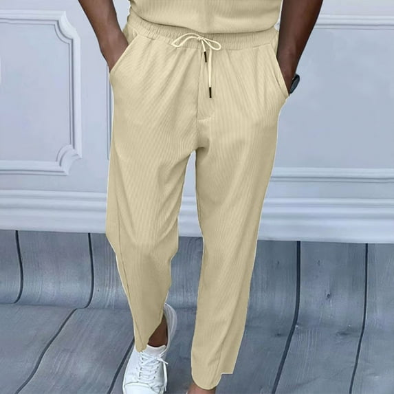 Leesechin Men's Loose Fit High Waist Corduroy Wide Leg Pants Casual Pants with Pockets