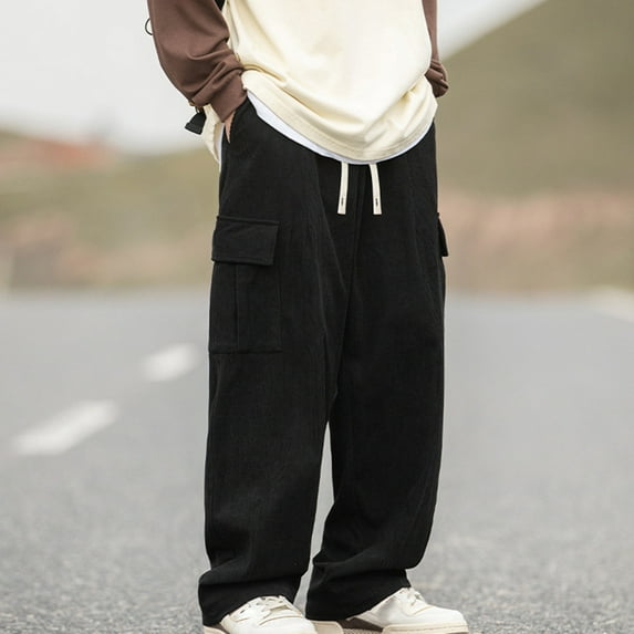Leesechin Men's Loose Fit High Waist Corduroy Wide Leg Pants Casual Pants with Pockets