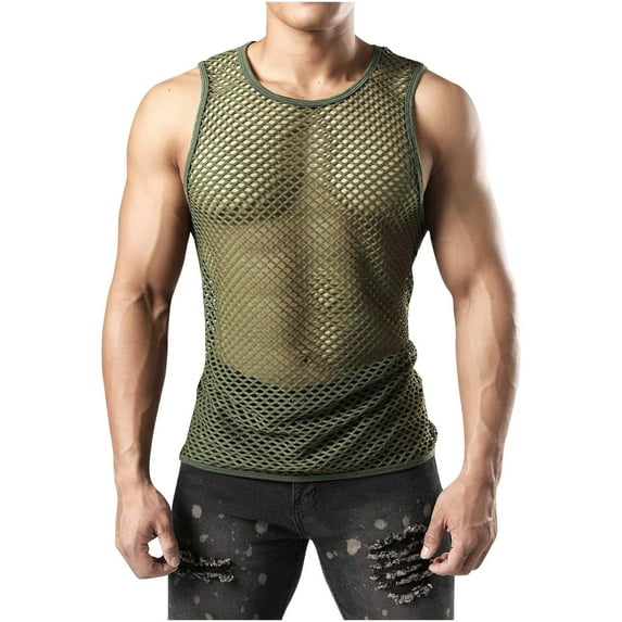 Leesechin Men's Mesh Fishnet Muscle Top See Through Shirts Fitted Crew Neck Tee Clubwear