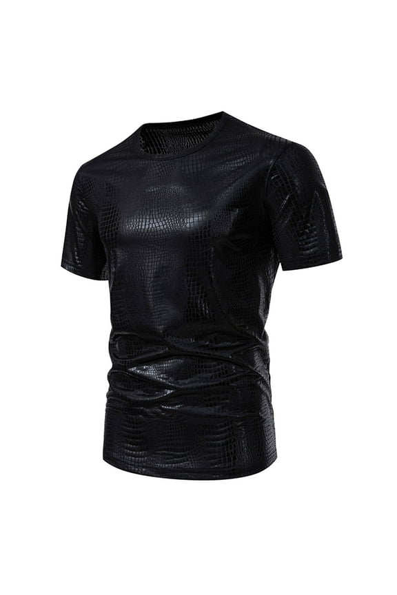 Men's Shiny Shirts Short Sleeve Sparkly Disco Rave Hot Tops Nightclub Glitter T-Shirt Black XL