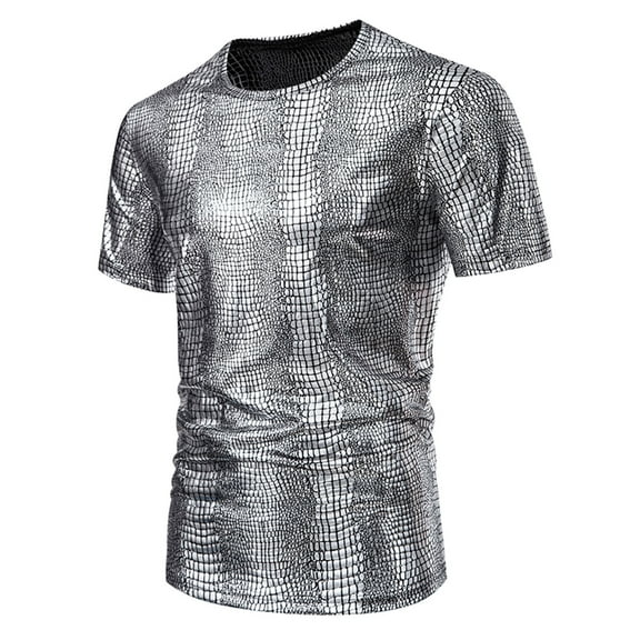 Leesechin Men's Shiny Shirts Short Sleeve Sparkly Disco Rave Hot Tops Nightclub Glitter T-Shirt Silver L