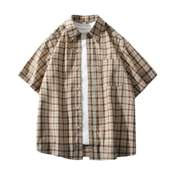 Leesechin Men's Short Sleeve Shirt Plaid Flannel Shirt, Button Down Casual Shirts Vest Shirt Khaki M