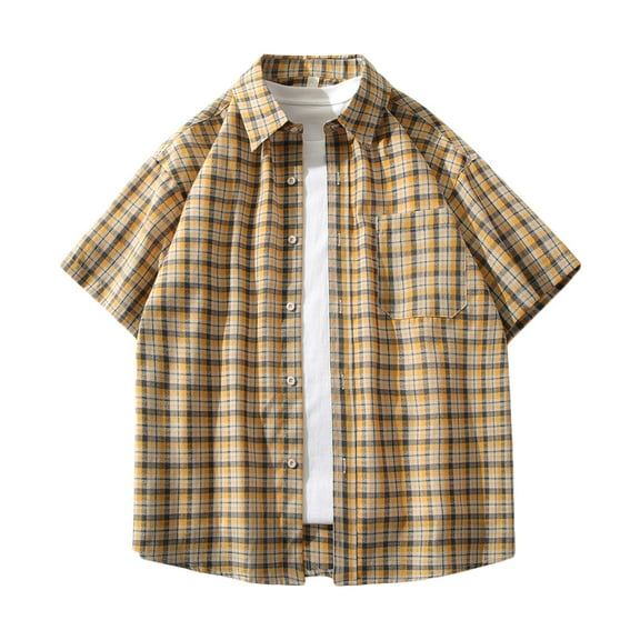 Leesechin Men's Short Sleeve Shirt Plaid Flannel Shirt, Button Down Casual Shirts Vest Shirt Yellow M