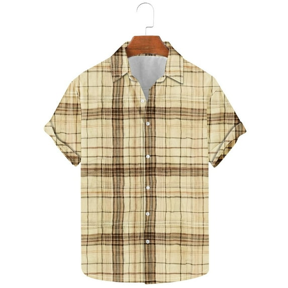 Leesechin Men's Short Sleeve Tee Vintage Plaid Printed Lapel Shirt Tops