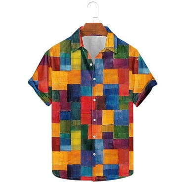 Leesechin Men's Short Sleeve Tee Clearance Vintage Plaid Printed Lapel Shirt Tops