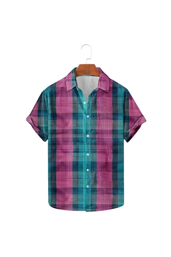 Men's Short Sleeve Tee Vintage Plaid Printed Lapel Shirt Tops