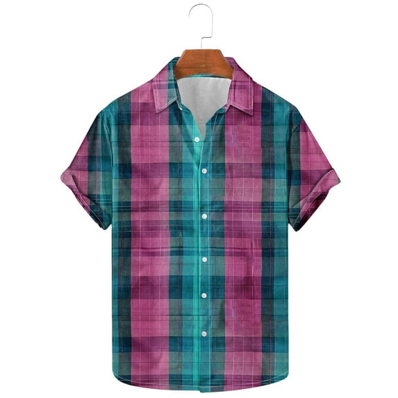 Leesechin Men's Short Sleeve Tee Vintage Plaid Printed Lapel Shirt Tops