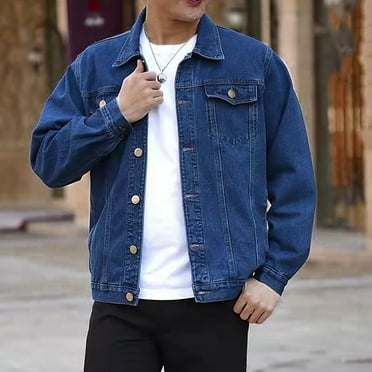 Leesechin Men's Solid Color Denim Button Pocket Fashionable Long Sleeved Hooded Denim Jacket
