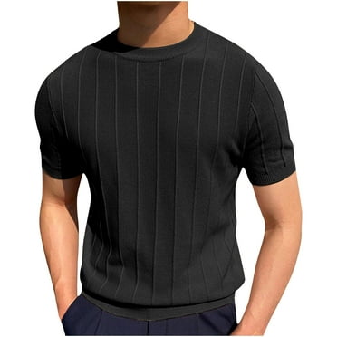 Leesechin Men's Summer Knit Shirts Round Neck Short Sleeve T-Shirt Solid Color Stretch Knitted Mesh Textured Pullover Sweater Casual Tees