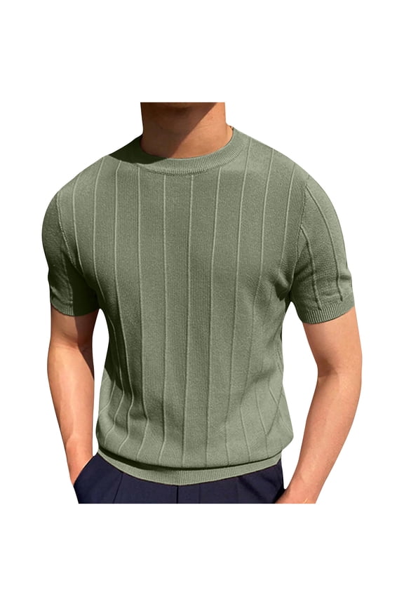 Men's Summer Knit Shirts Round Neck Short Sleeve T-Shirt Solid Color Stretch Knitted Mesh Textured Pullover Sweater Casual Tees