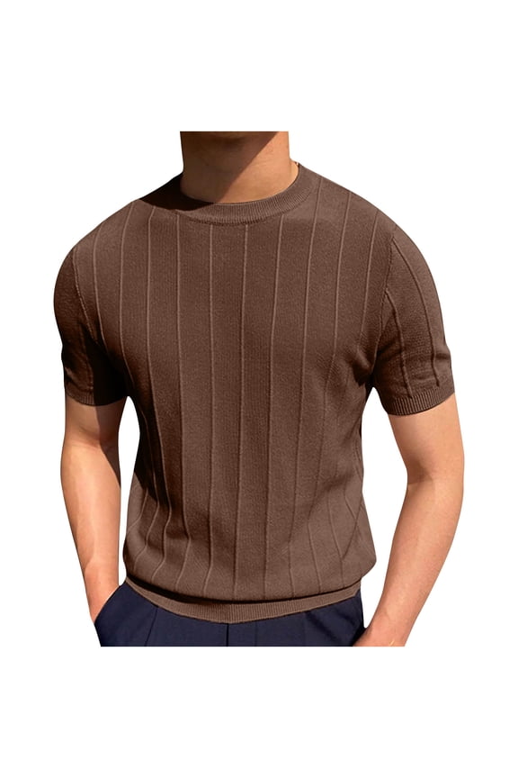 Leesechin Men's Summer Knit Shirts Round Neck Short Sleeve T-Shirt Solid Color Stretch Knitted Mesh Textured Pullover Sweater Casual Tees