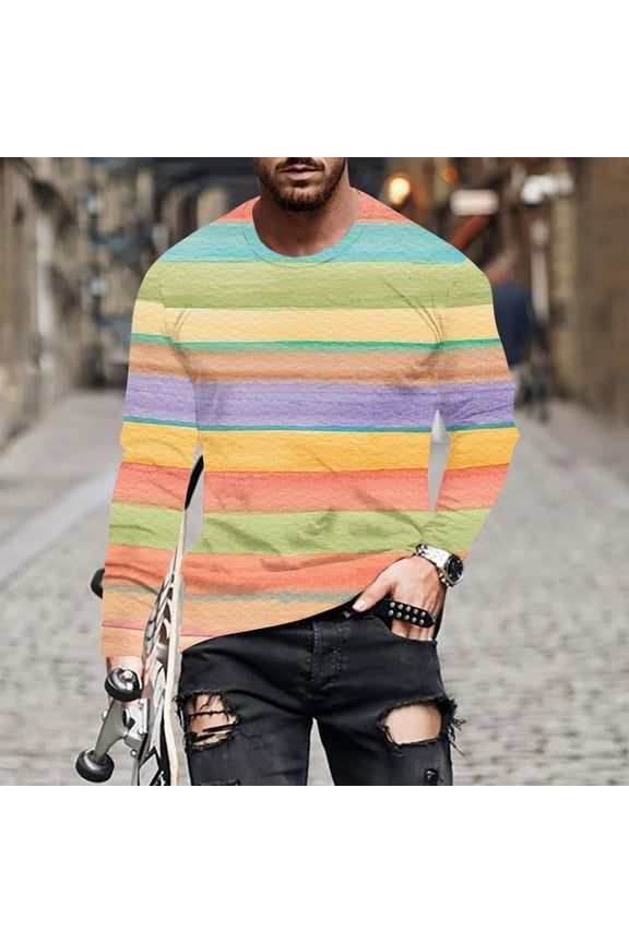 Men's T-Shirt Casual Cotton Spandex Rainbow Striped Crewneck Long-Sleeve T-Shirts Basic Pullover Stripe Man Tee Shirt