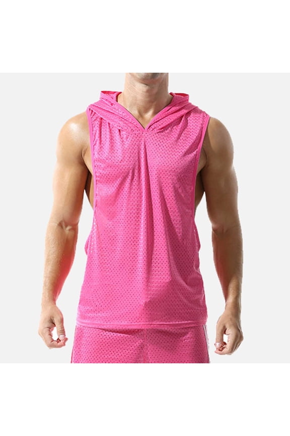 Men's Tank Top Sleeveless Tee Hollow Mesh Round-Neck Summer Hoodie Tshirt
