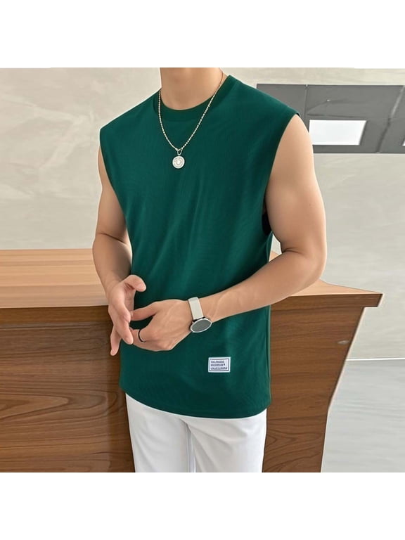 Men's Tank Top Sleeveless Tee Round-Neck Summer Tshirt Loose Fit