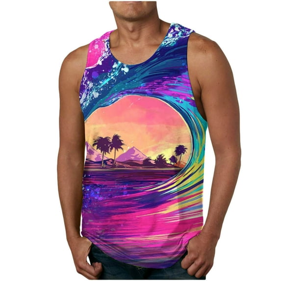 Leesechin Men's Tank Tops Big and Tall Summer Gradient 3D Print Tank Top Workout Sports Sleeveless Round Neck T-shirt Tank Top/shirt Blouses