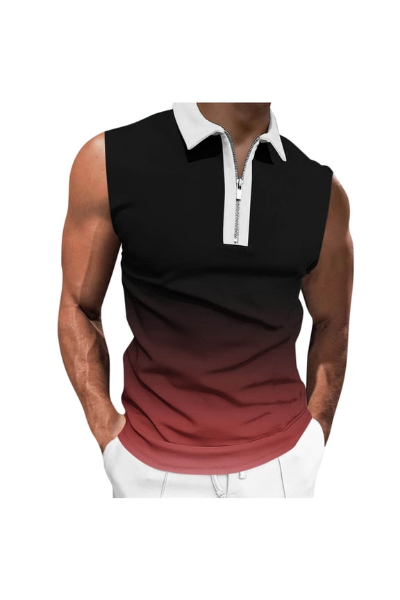 Men's Tank Tops Gym Gradation Fitness Muscle Tee Bodybuilding Fitness Sleeveless Quarter Zip Lapel T Shirts