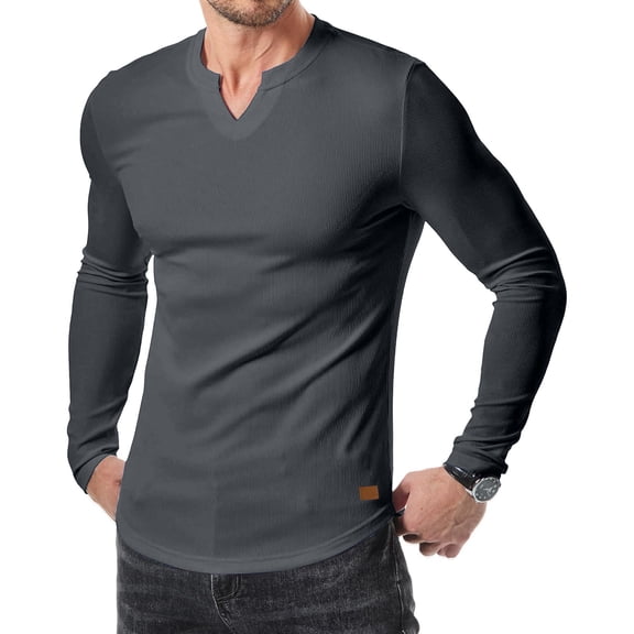 Leesechin Men's V Neck Long Sleeve Shirts Casual Henley Cotton T-Shirts Slim Fit Longline Tee Shirts