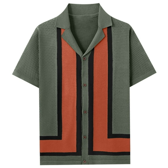 Leesechin Men's Vintage Stripe Knit Shirts Short Sleeve Stylish Button Down Cardigan Sweater