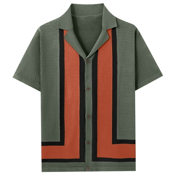 Leesechin Men's Vintage Stripe Knit Shirts Short Sleeve Stylish Button Down Cardigan Sweater