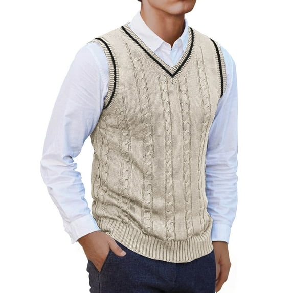 Leesechin Men’s Wool Blended Cable Knit Sweater Vest V Neck Relaxed Fit Sleeveless Pullovers
