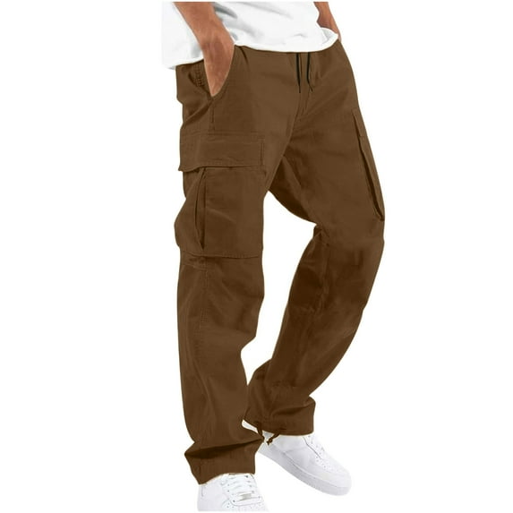 Leesechin Mens Cargo Pants Solid Casual Multiple Pockets Outdoor Straight Type Fitness Pants Work Pants Trousers Coffee L
