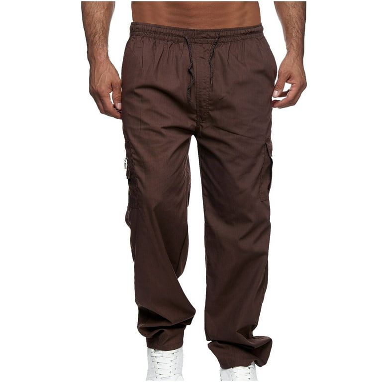 Leesechin Mens Cargo Pants Solid Casual Multiple Pockets Tether