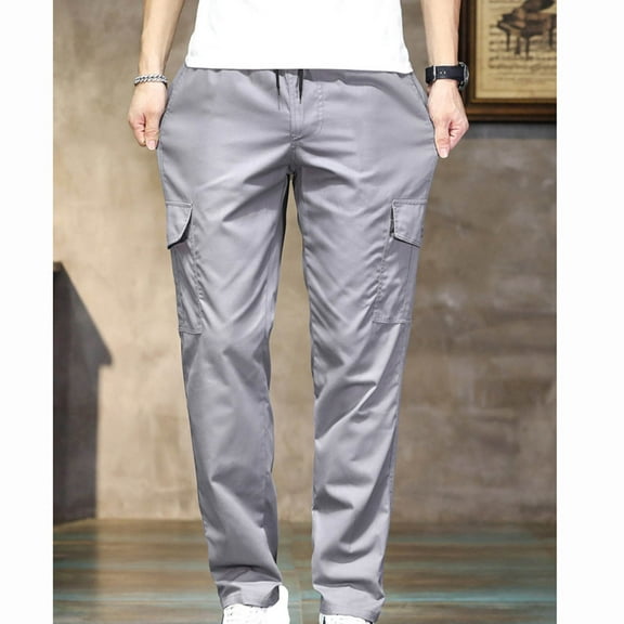Leesechin Mens Casual Cargo Pants Joggers Elastic Waist Stretch Drawstring Relaxed Fit Hiking Trousers with Multi Pockets