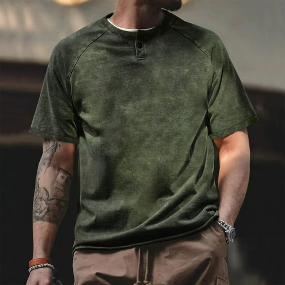 Leesechin Mens Cotton T-Shirts Short Sleeve Crew Neck Casual Shirts Breathable Workout Daily Tee Tops Army Green S