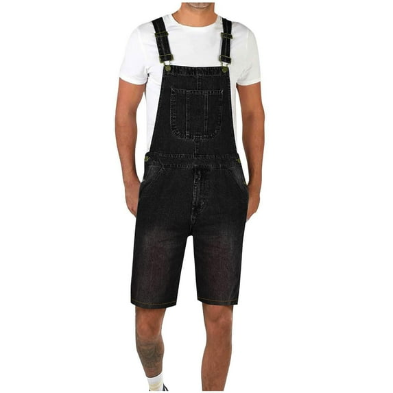 Leesechin Mens Denim Shorts Bib Overall Loose Fit Ripped Jeans Adjustable Straps Summer Workwear Jumpsuit