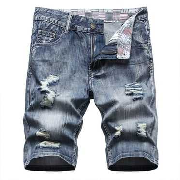 Leesechin Mens Denim Shorts Clearance Zipper Elastic Slim Denim Shorts with Ultra Comfort Denim Play Wrap Ripped Mid-length Pants