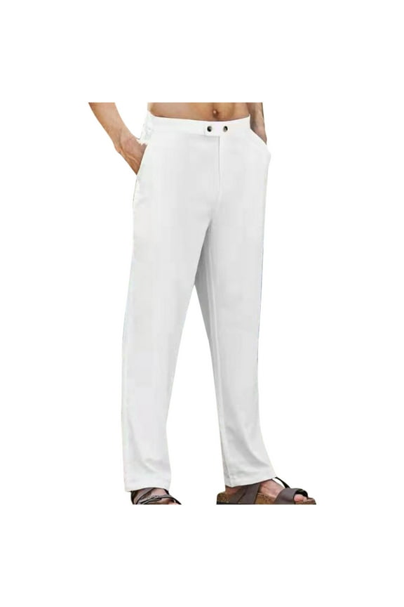Mens Dress Pants Casual Solid Khakis Cutton Zipper Pants Mid Waist Straight Trousers White L
