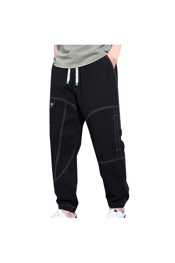 Mens Elastic Waist Jeans Relaxed Fit Men's Cargo Tapered Pants with Drawstring