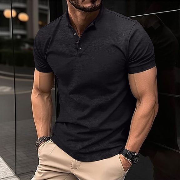 Leesechin Mens Fitted T Shirts Men Casual Button Short Sleeve Solid Turndown Pullover T-Shirt Sports Tops