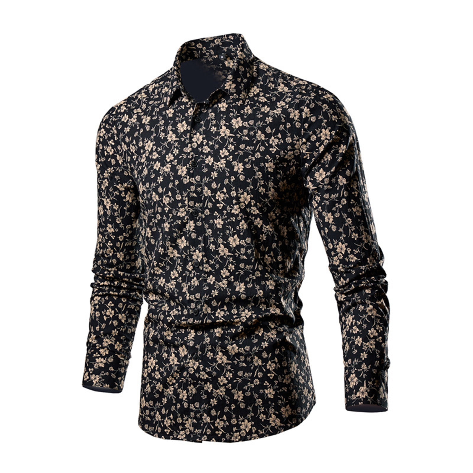 mens dress shirt floral Black Yellow Long Sleeve Men Button Up Shirt, Leaves Flowers Print Casual Buttoned Collared Designer Guys Chest Pocket M Dress shirts that are great for an untucked casual style. Mens Shirt Long Sleeve Button