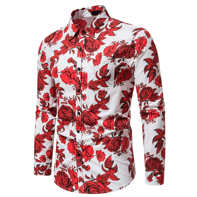 Leesechin Mens Floral Print Dress Shirt Flower Pattern Slim Fit