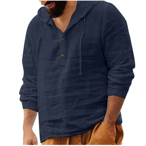 Leesechin Mens Linen Shirts Casual Button Down Shirts Long Sleeve Roll-Up Sleeve Summer Beach Shirts Tops with Hood