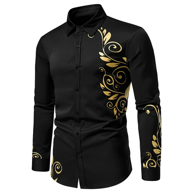 Leesechin Mens Luxury Dress Shirts Dragon Gold Chain Print Casual
