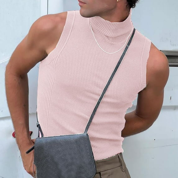 Leesechin Mens Mock Turtleneck Tee Shirts Sleeveless Casual Basic Slim Fit Knitted Pullover Tank Tops