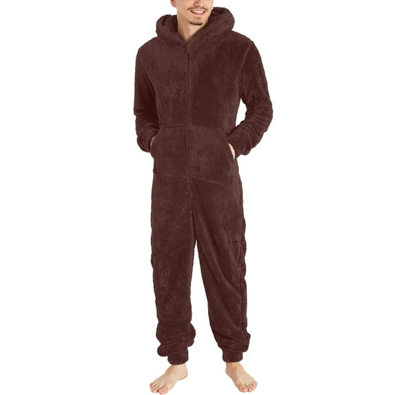 Leesechin Mens Pajamas Solid Long Sleeve Hooded Jumpsuit Pajamas Casual Winter Warm Rompe Sleepwear Brown L