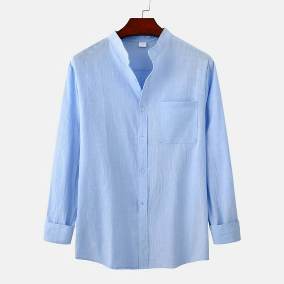 Leesechin Mens Shirts Clearance Big and Tall Men's Fashion And Winter Stand Collar Long Sleeve Solid Color Cotton Linen Shirt Top