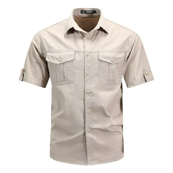 Leesechin Mens Shirts Short Sleeve UV Protection Hiking Fishing UPF 50+ Quick Dry Cooling Camping Travel Shirts Beige 4XL