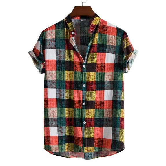 Leesechin Mens Short Sleeve Cotton Casual Plaid Button Down Shirts Work Slim Fit Western Dress Shirt for Men