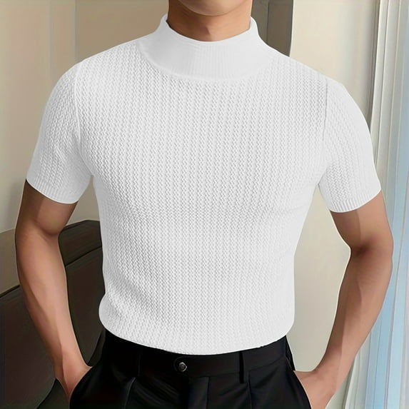 Leesechin Mens Short Sleeve Knit T-Shirts Crew Neck Slim Fit Stretch Pullover Sweater Casual Solid Basic Knitwear