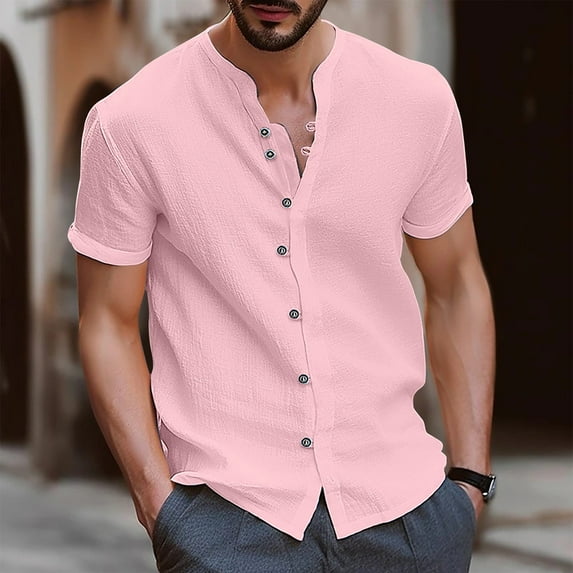 Leesechin Mens Short Sleeve Summer Shirts Men Casual V-neck Short Sleeve Button Closure Shirt Tops Blouse