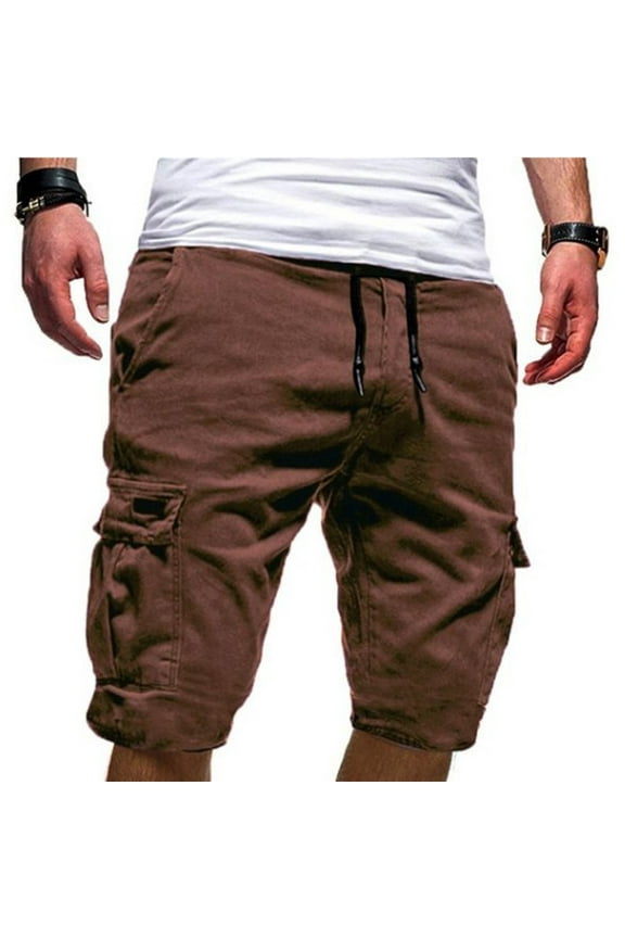Mens Shorts Athletic Sport Pure Color Bandage Casual Loose Sweatpants Drawstring Shorts Pant Brown XL