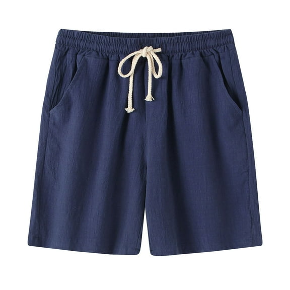 Leesechin Mens Shorts Athletic Summer Thin Mid-waist Cotton Hemp Beach Pants Casual Five-point Sports Shorts Pants Navy M