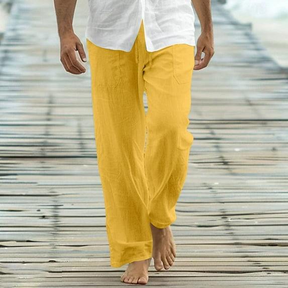 Leesechin Mens Straight Linen Pants Casual Elastic Waist Drawstring Lightweight Beach Vacation Trousers with Pockets