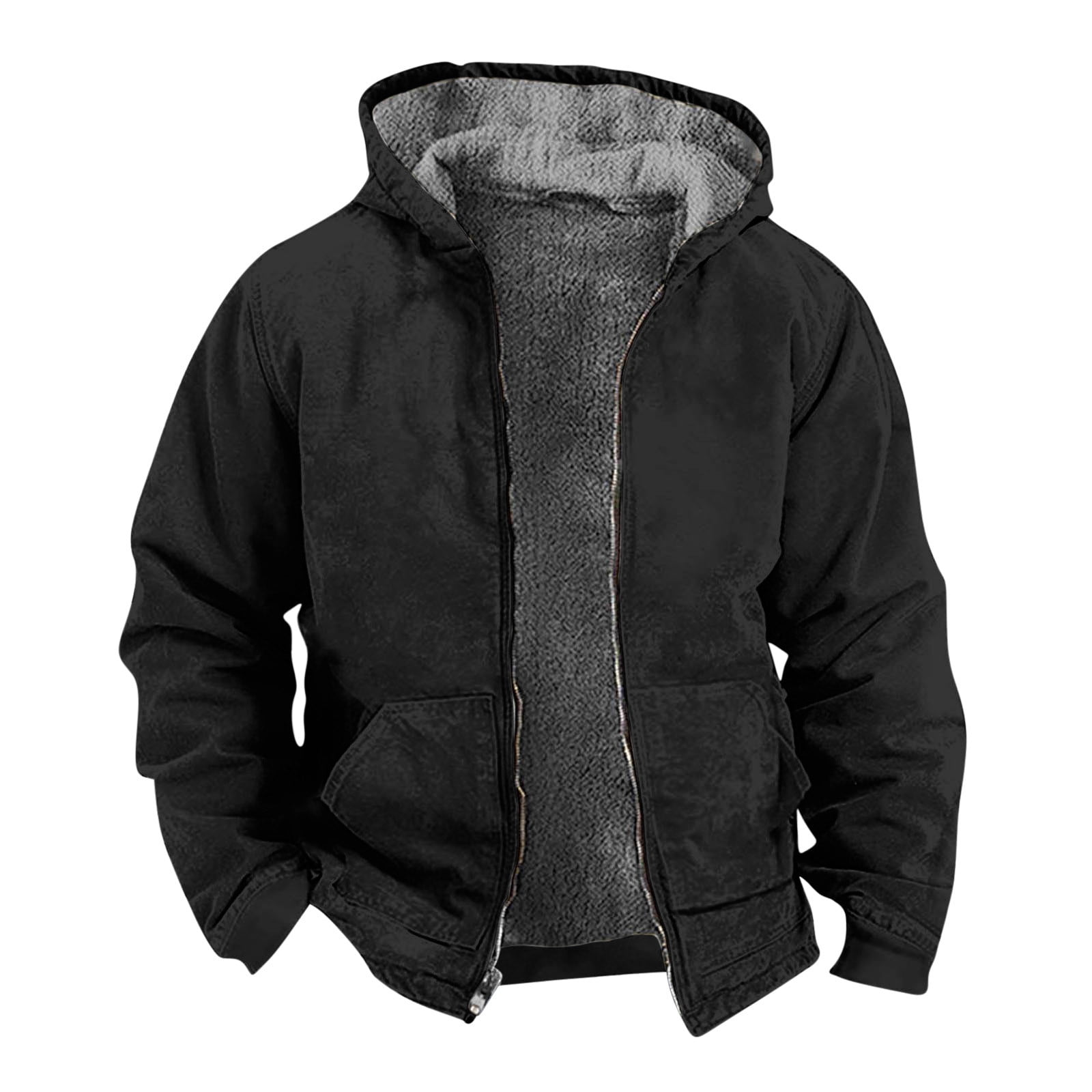 Men's Fleece Jacket Heavyweight Hooded Lamb Velvet Lined Thick Warm Open Cardigan Coat Autumn Winter Casual Pure Color Polyester Fabric