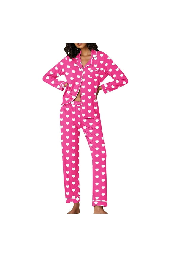 Pajamas Women's Valentine's Day Pajama Gift Set Hearts Print Long Sleeve Sleepwear Loungewear Pjs Set Nightwear
