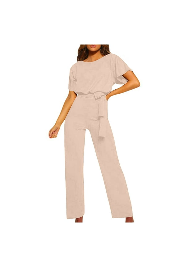 Leesechin Pants for Women Short Sleeve Playsuit Clubwear Straight Leg Jumpsuit with Belt